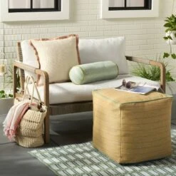 18"x18" Textured Woven Flange Detail Indoor/Outdoor Square Throw Pillow - Hearth & Hand™ With Magnolia