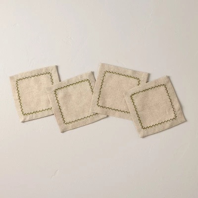 Set Of 4 Embroidered Border Cloth Cocktail Napkins Natural/Green - Hearth & Hand™ With Magnolia 3 Set Of 4 Embroidered Border Cloth Cocktail Napkins Natural/Green - Hearth & Hand™ With Magnolia - Image 3