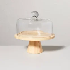 11.5" Wooden Cake Stand With Glass Cloche - Hearth & Hand™ With Magnolia: Rubberwood Pedestal, Farmhouse Style -Dream house GUEST 59665972 510e 4a01 94ec 8b4425eec51c