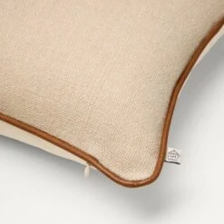 18"x18" Solid Chambray With Faux Leather Trim Square Throw Pillow Beige/Brown - Hearth & Hand™ With Magnolia -Dream house GUEST 95a7c731 79dd 409c b1b1 c80ec9d336a2