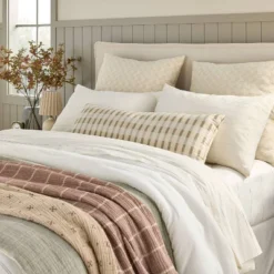 26"x26" Checkerboard Textured Euro Pillow Beige - Hearth & Hand™ With Magnolia: Farmhouse Throw Pillow, Cotton, Indoor Use